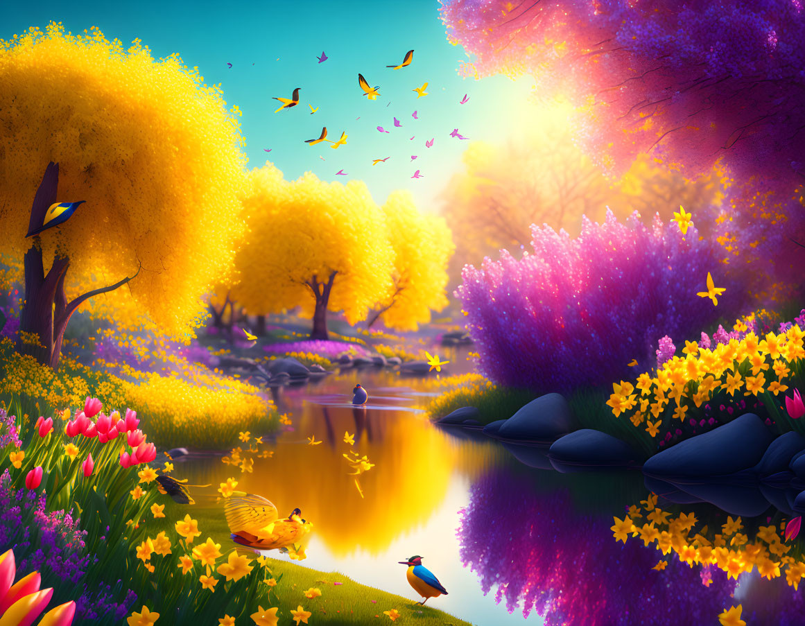 Colorful Landscape with Blossoming Trees, Birds, Pond, and Flowers at Sunrise