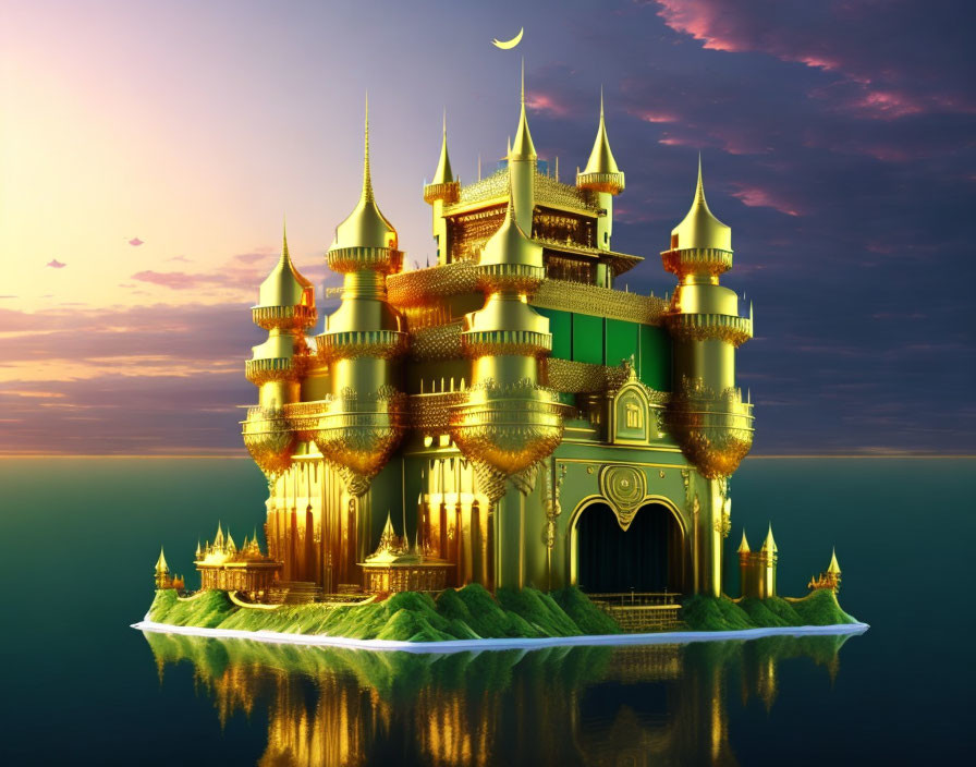 Golden palace with spires and crescents on floating island at twilight