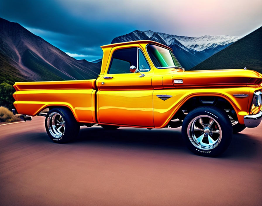 Classic Orange Pickup Truck with Chrome Wheels Against Purple Sky