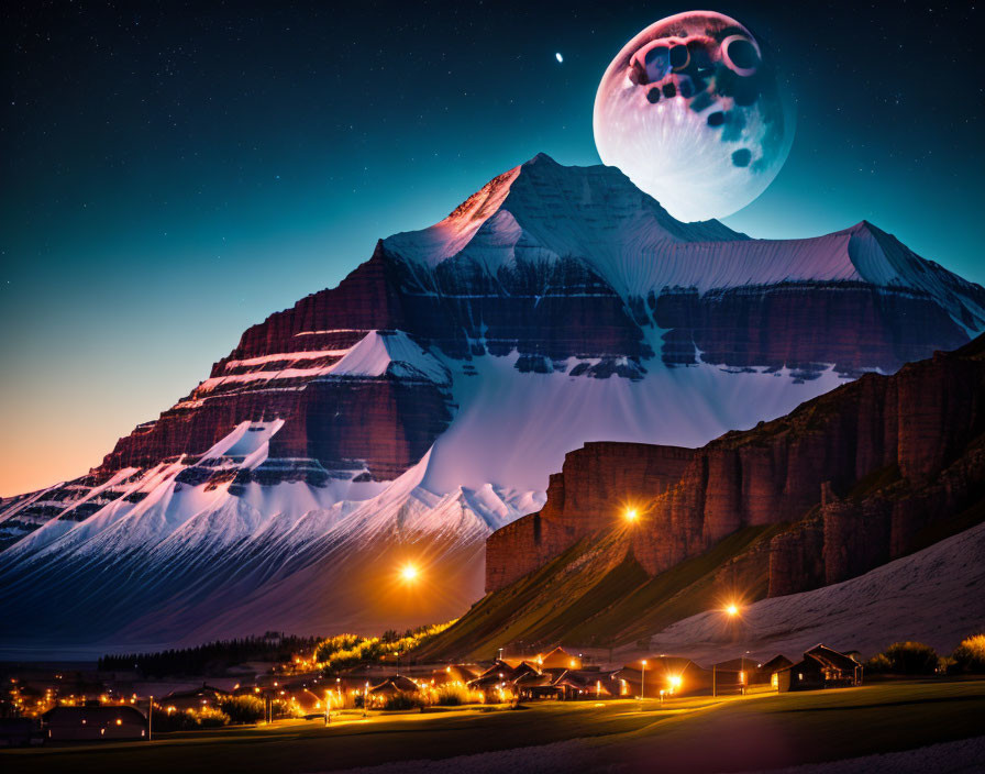 Surreal image: Large moon over snow-capped mountain at night