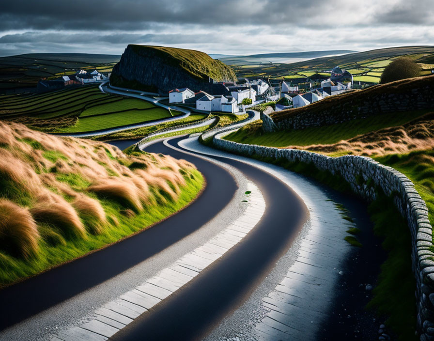 Scenic winding road through lush landscape with village and dramatic sky