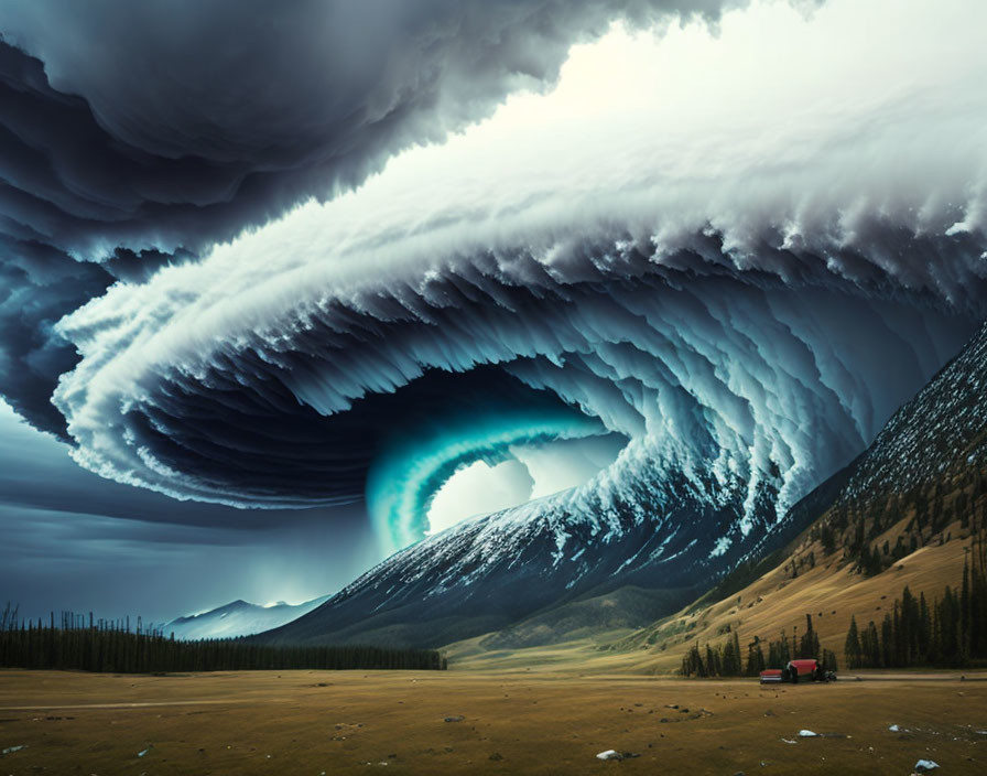 Massive wave-like cloud formation over serene valley with red barn