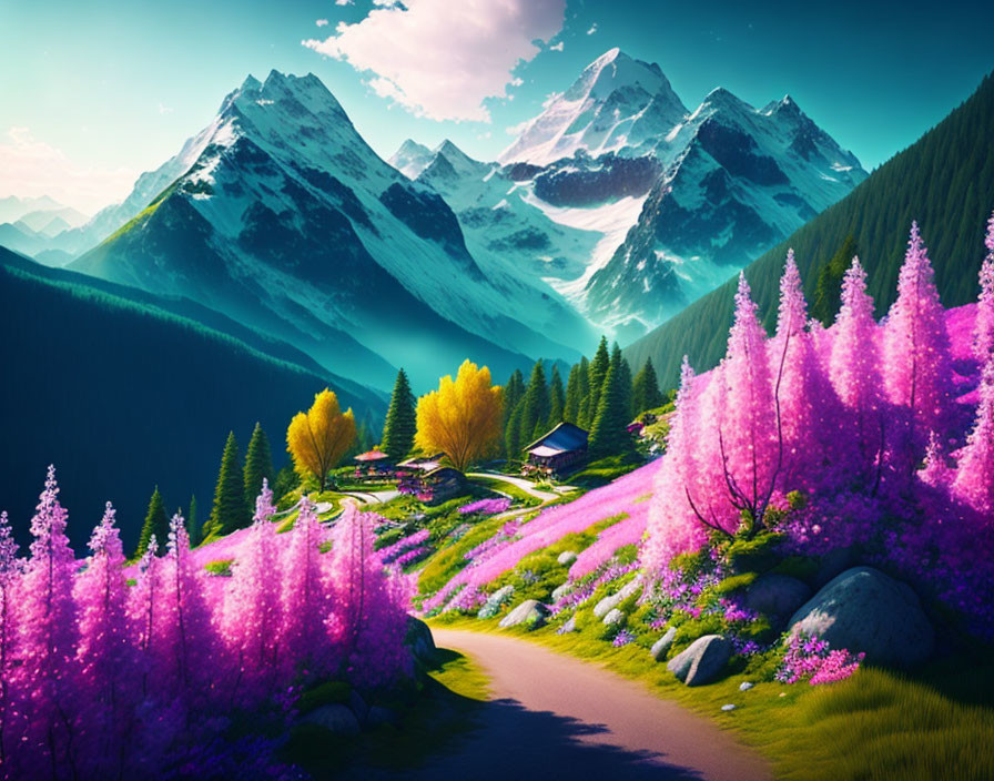 Vivid Pink and Yellow Trees in Surreal Landscape