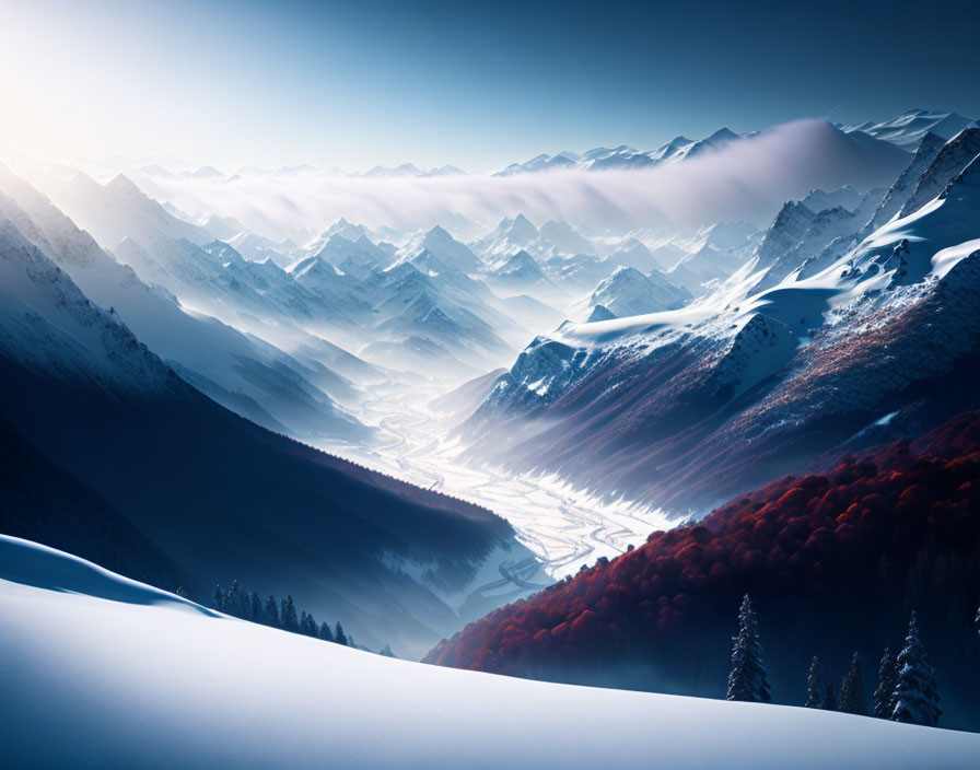 Snow-covered mountain peaks, river valley, red foliage forest under hazy blue sky