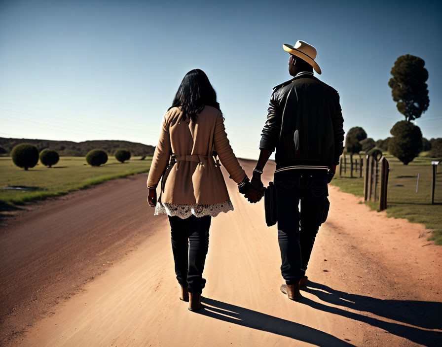 Couple walking on rural dirt road, woman in beige coat, man in cowboy hat and leather jacket