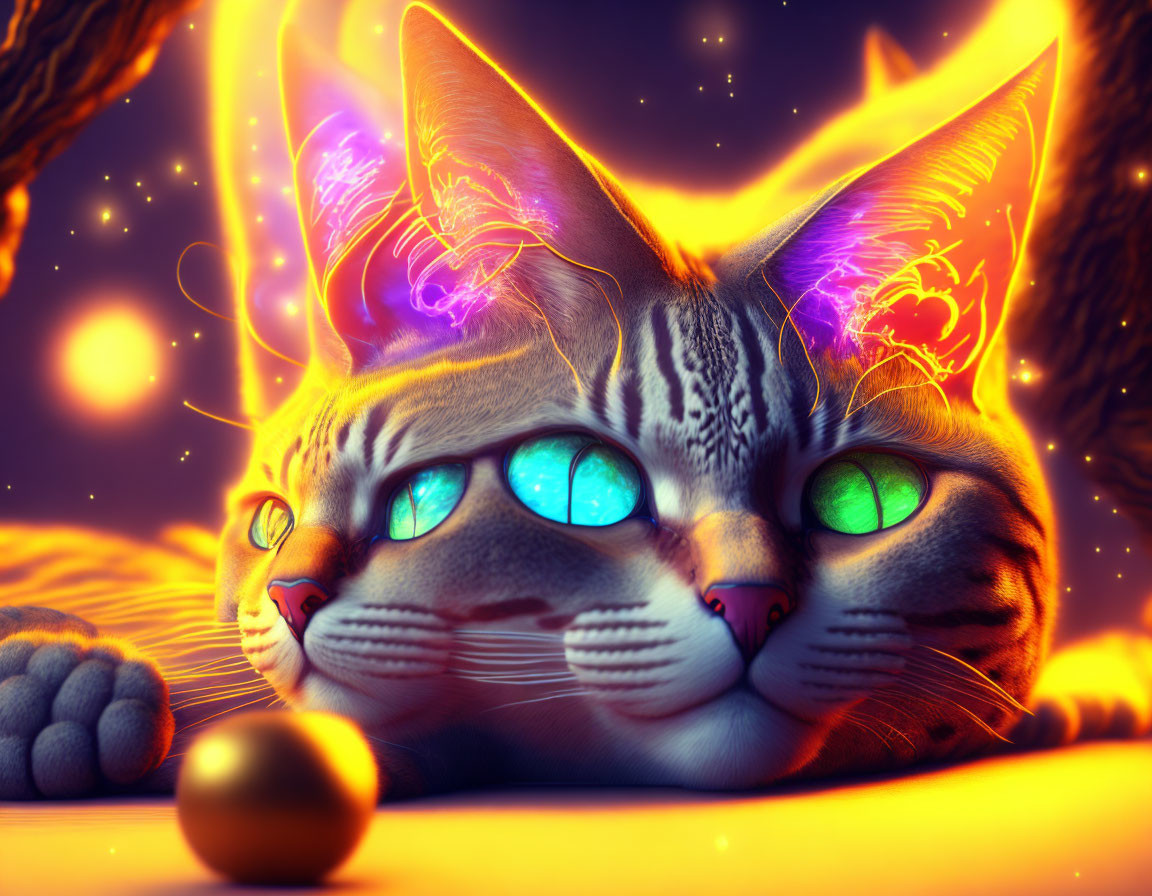 Digital Artwork: Stylized Cats with Glowing Eyes and Golden Sphere