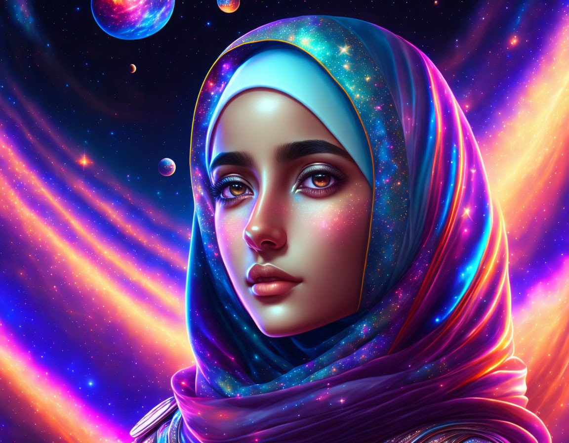 Cosmic-themed hijab digital art portrait with vibrant colors
