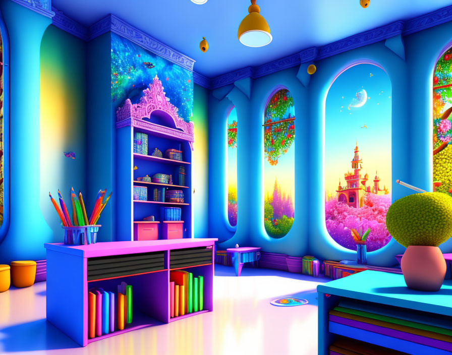 Colorful fantasy room with blue walls, whimsical paintings, floating castle, and glowing jellyfish aquarium