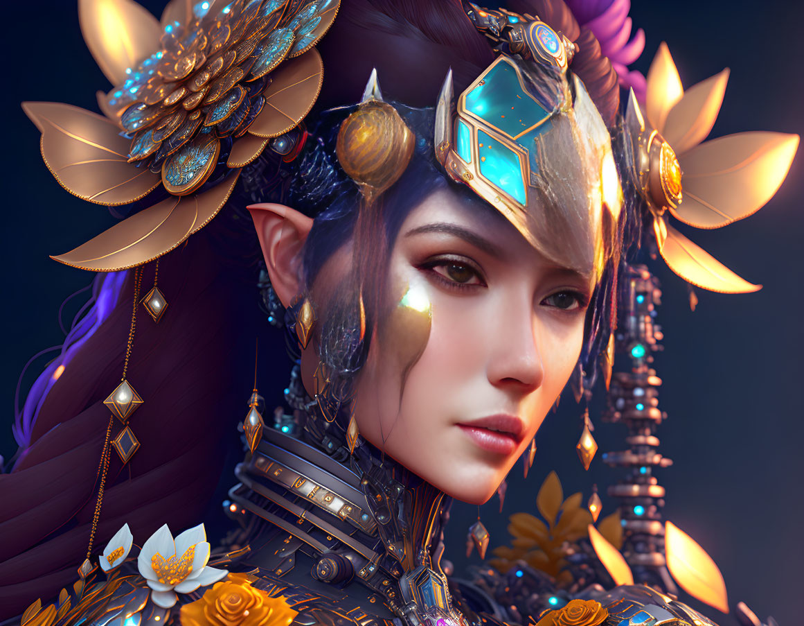 Fantasy digital portrait of a woman in golden armor with sun motifs and blue visor