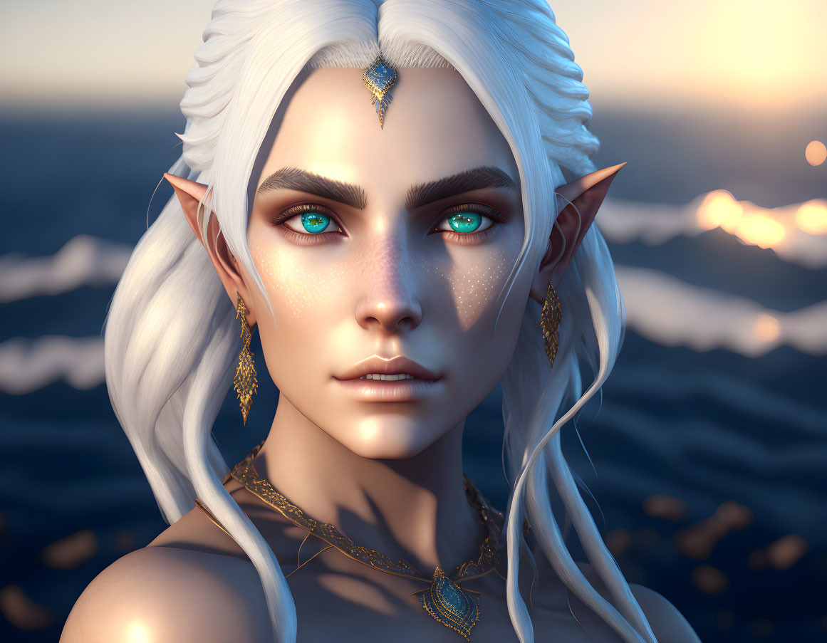Fantasy elf digital illustration with white hair and blue eyes