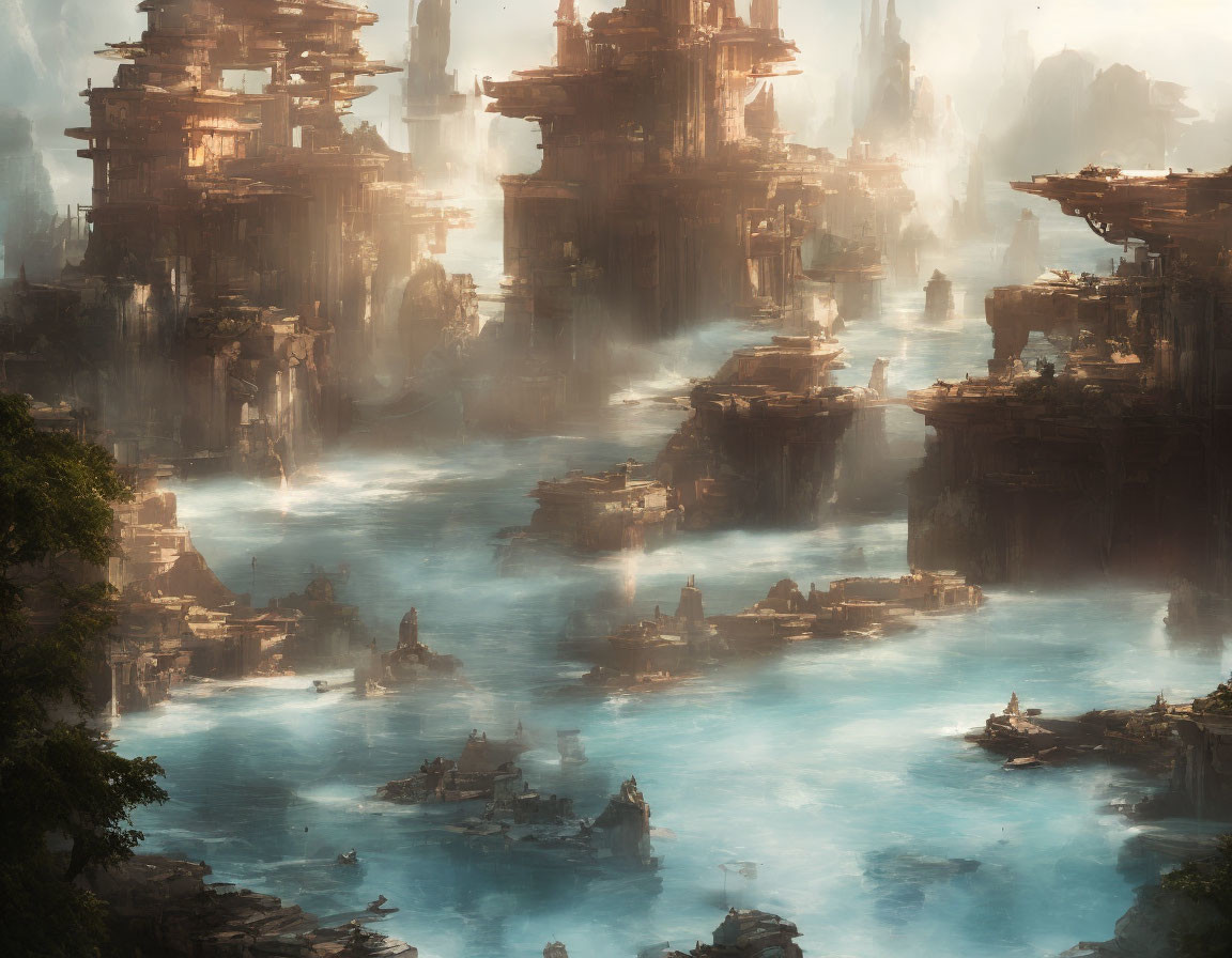 Misty Waterscape with Towering Structures in Sunlight