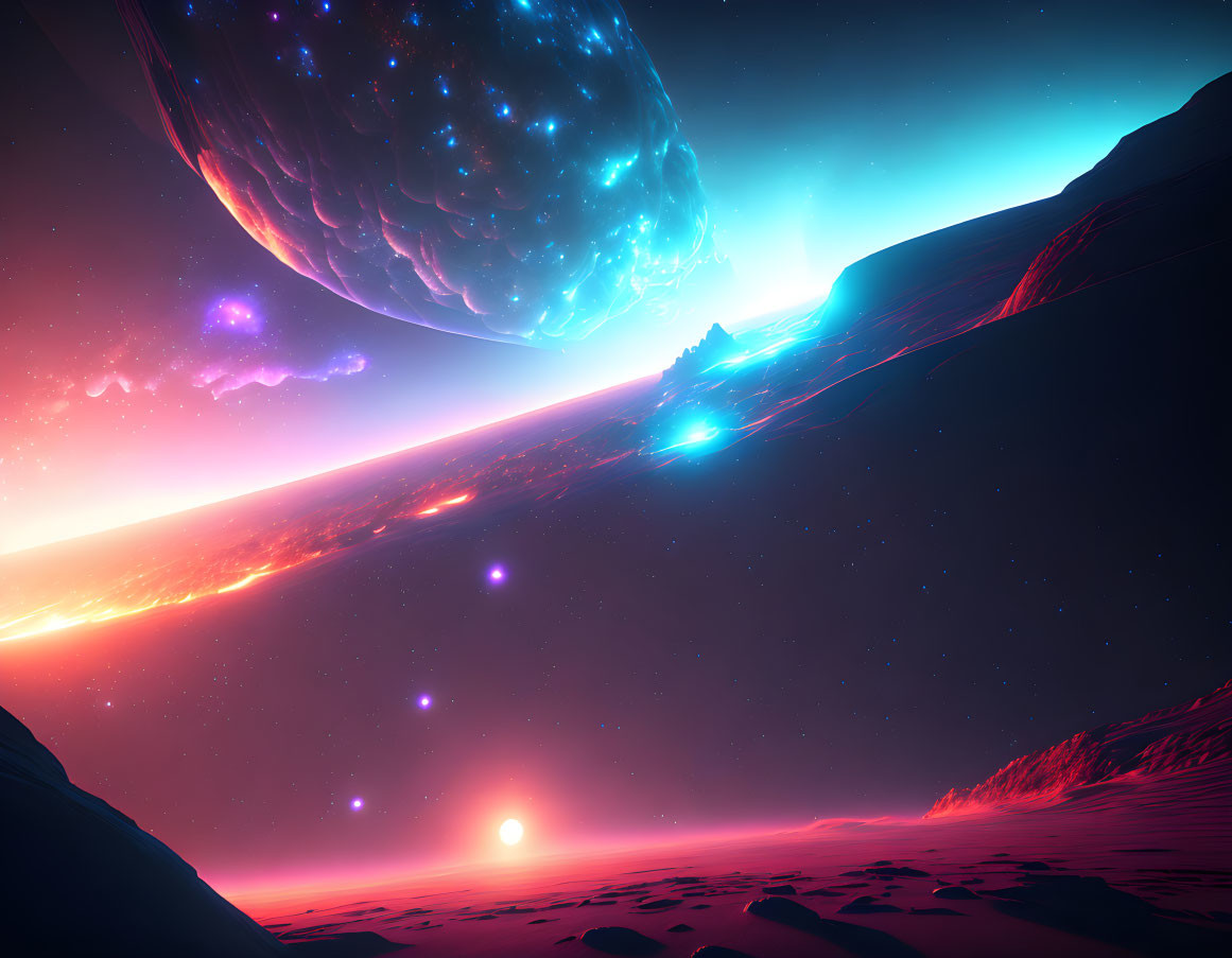 Vivid sci-fi landscape of vast alien planet over purple and pink terrain