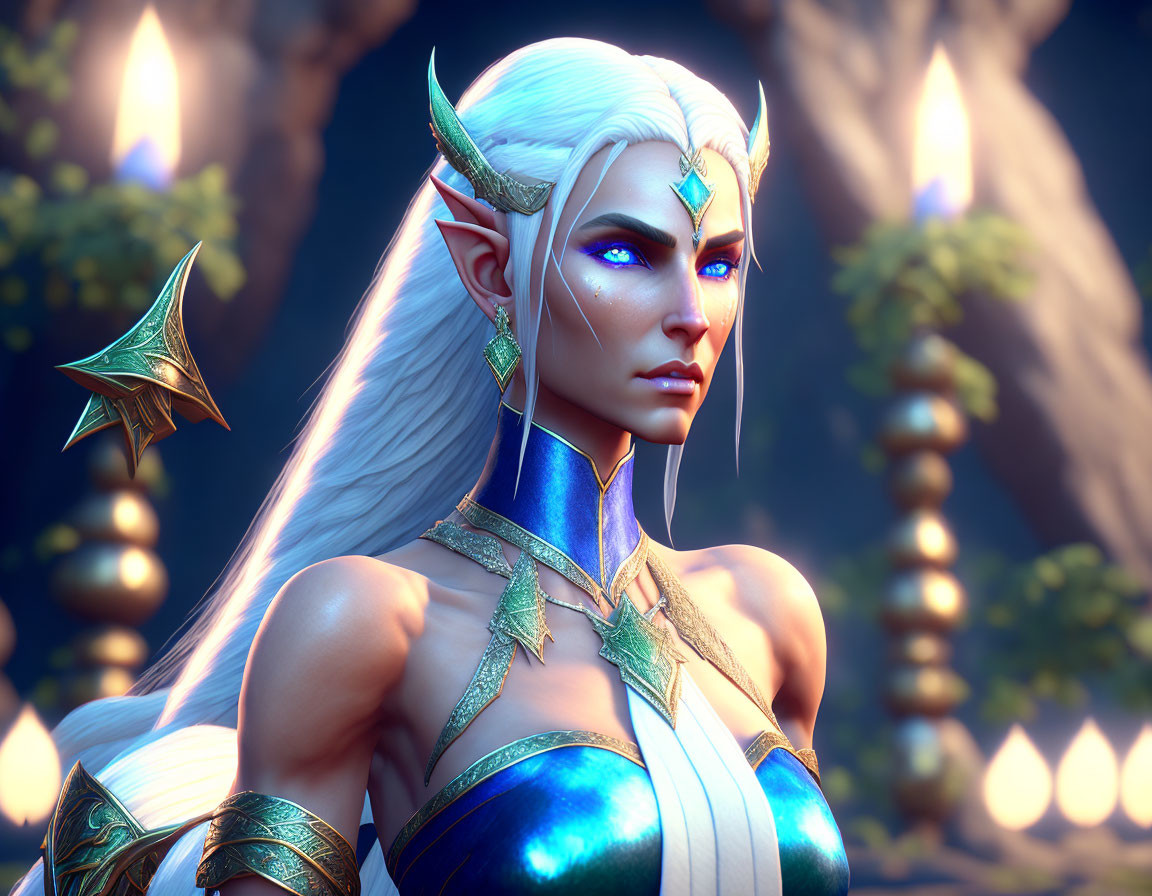 Elven character with white hair, blue eyes, gold and green armor in twilight forest
