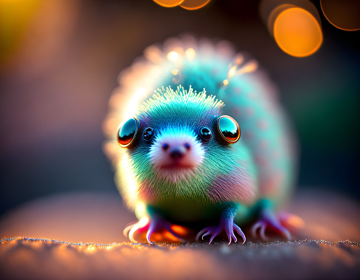 Round creature with glossy eyes and spiky fur in soft lighting and bokeh background