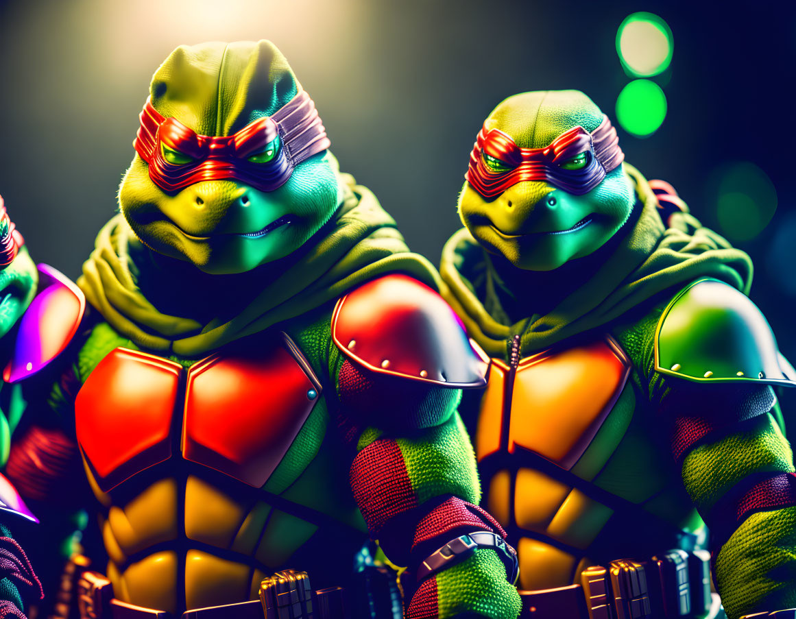 Colorful anthropomorphic ninja turtles in red headbands pose confidently under dramatic backlight