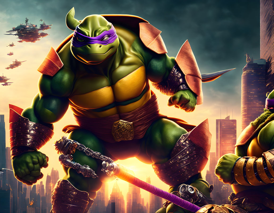 Digital artwork of Teenage Mutant Ninja Turtle Donatello with bo staff in cityscape.