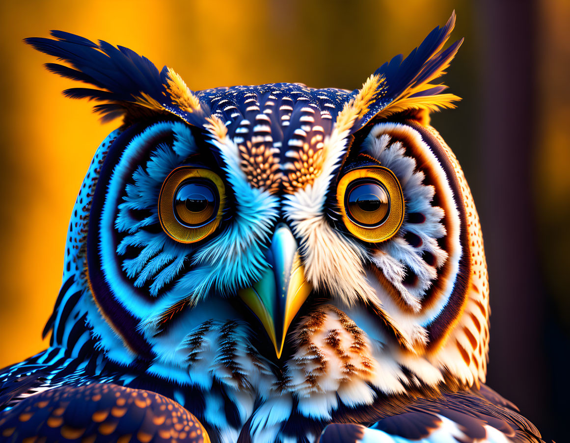 Close-up image of owl with orange eyes and blue feathers on autumnal background