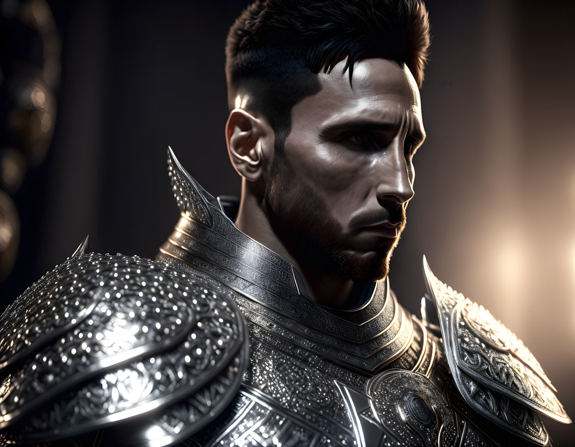 Detailed digital portrait: Male warrior in intricate armor under dramatic lighting