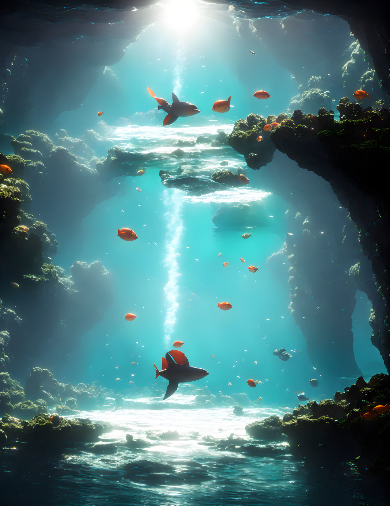 Tranquil Underwater Scene with Sunlight, Fish, Rocks, and Aquatic Plants