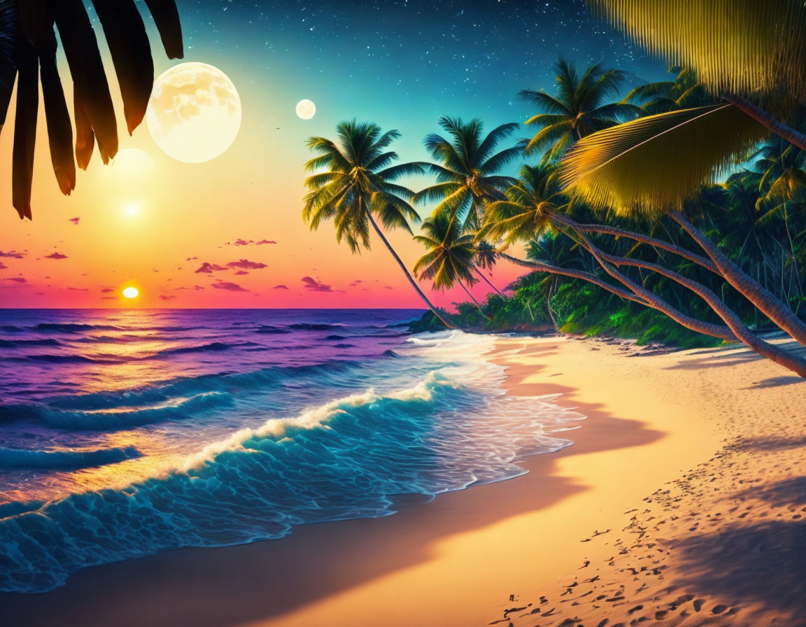Tropical Beach Sunset with Palm Trees, Tranquil Sea, Moon, and Starlit Sky