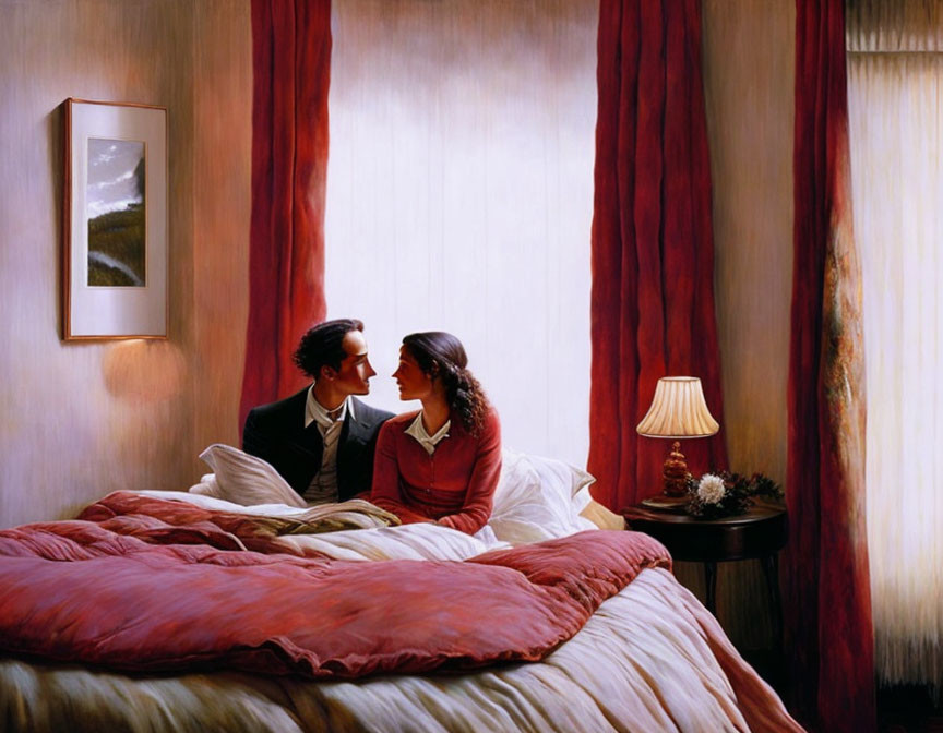 Couple sitting closely on bed in cozy, warmly lit bedroom
