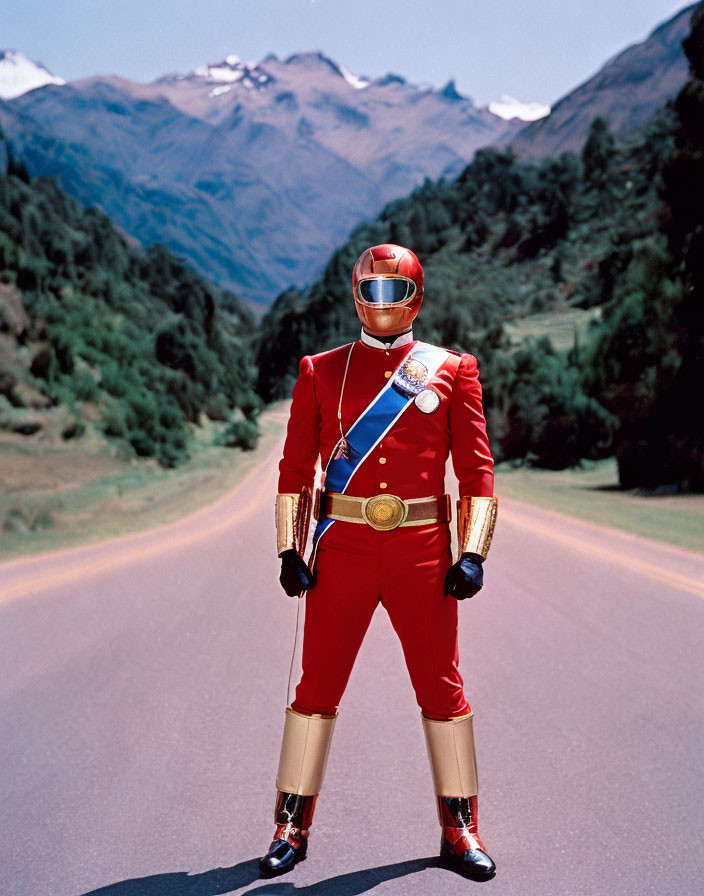 Ceremonial red uniform with golden details and helmet in mountainous landscape
