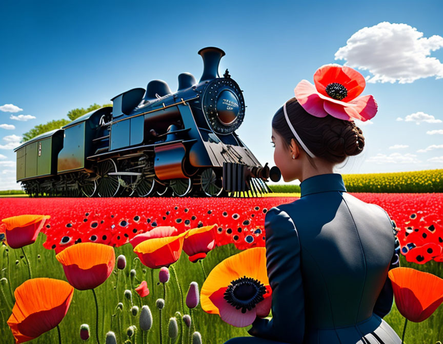 Woman with Poppy in Hair Gazing at Vintage Train in Field of Red Poppies