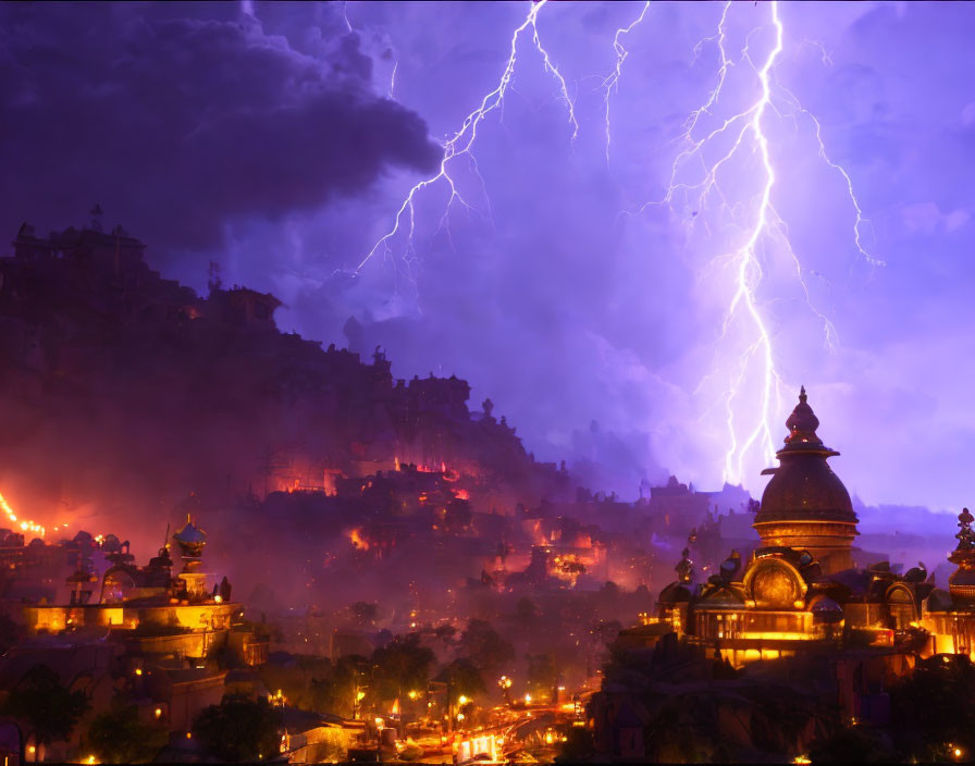 Night scene with lightning striking ancient cityscape and domed architecture.