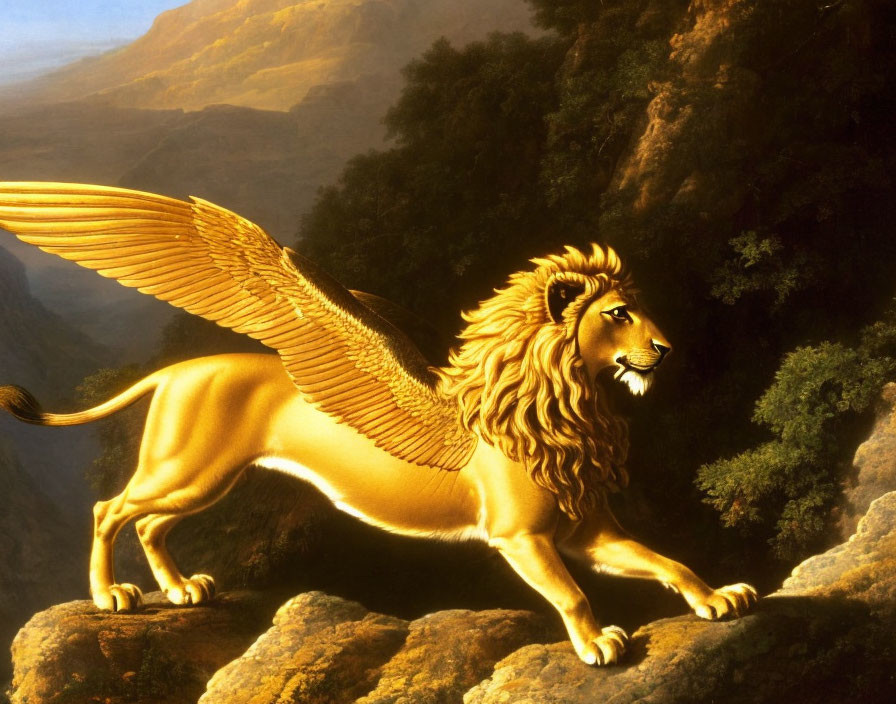 Golden winged lion on rocky ledge with mountain backdrop in warm sunlight