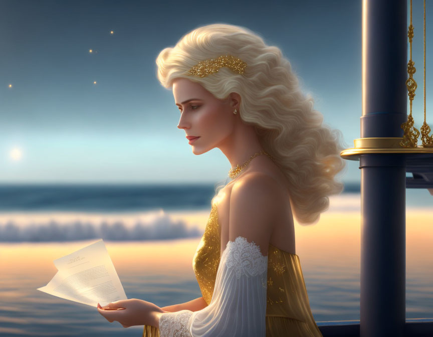 Woman with white hair and gold tiara reading letter on ship deck at sunset