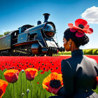 Woman with Poppy in Hair Gazing at Vintage Train in Field of Red Poppies