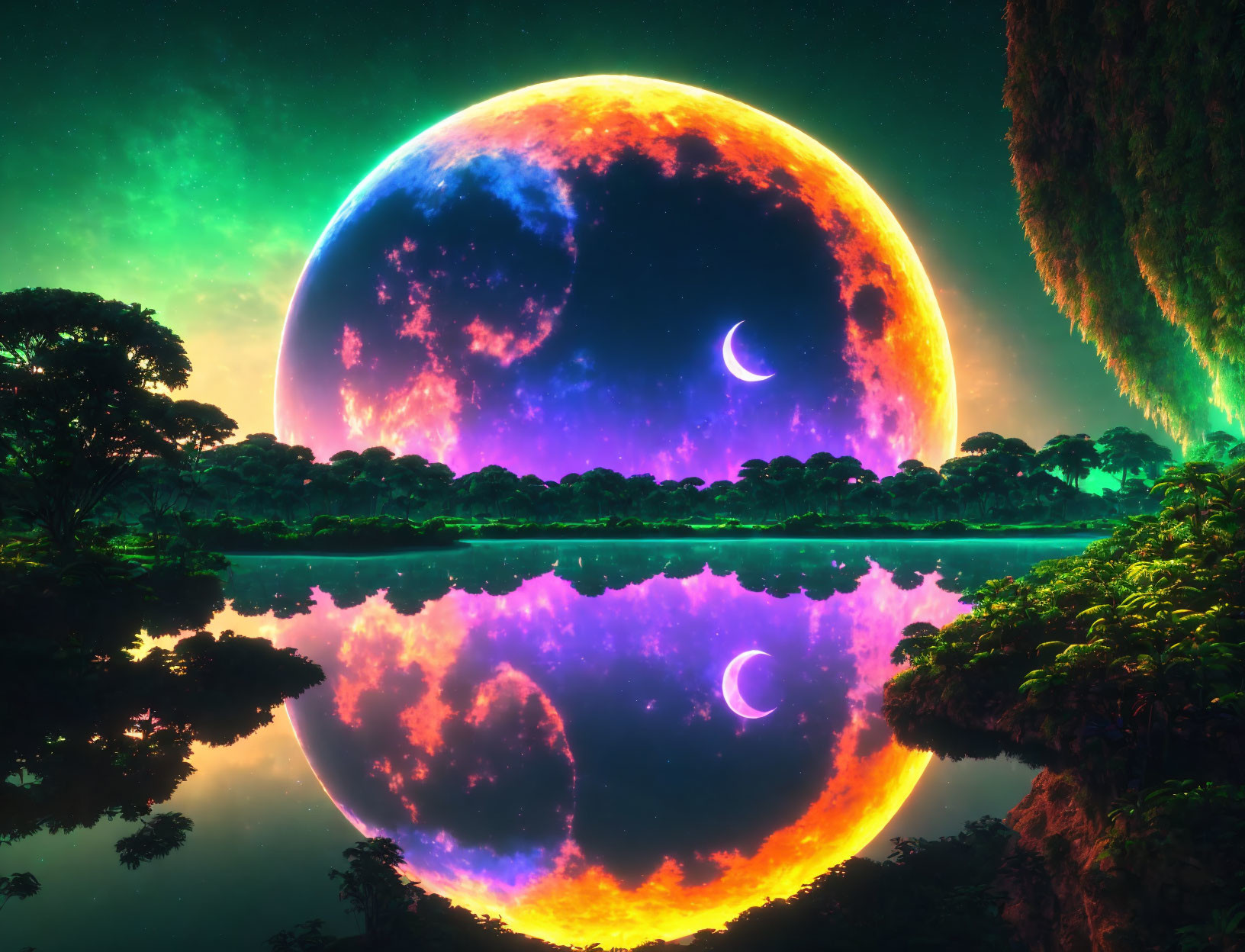Colorful digital artwork: Giant multicolored planet over serene lake