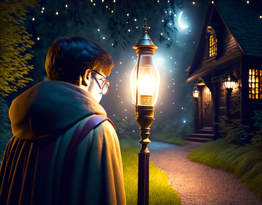Person with glasses and cape near glowing lamp post at night with fireflies and crescent moon.