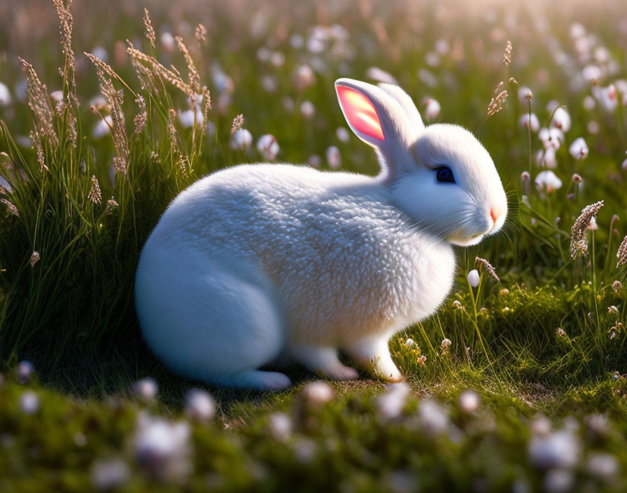 Fluffy White Rabbit with Bright Blue Eyes in Sunlit Meadow