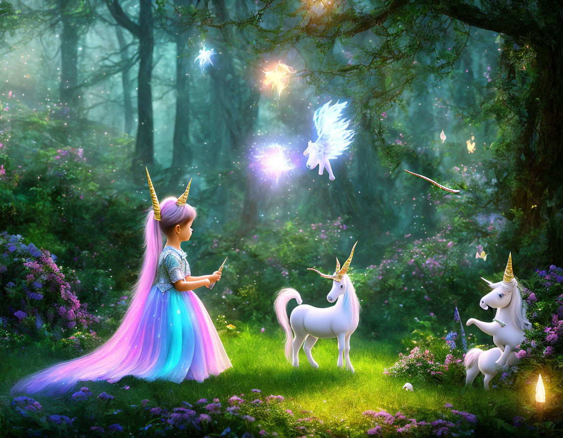 Young girl as princess with unicorn horn in magical forest with unicorns and fairies