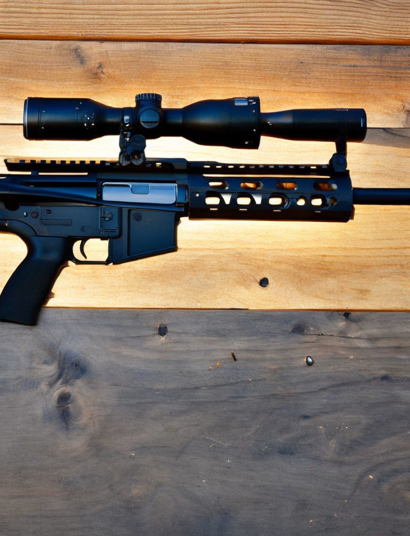 Modern Black Rifle with Top-Mounted Scope on Wooden Surface