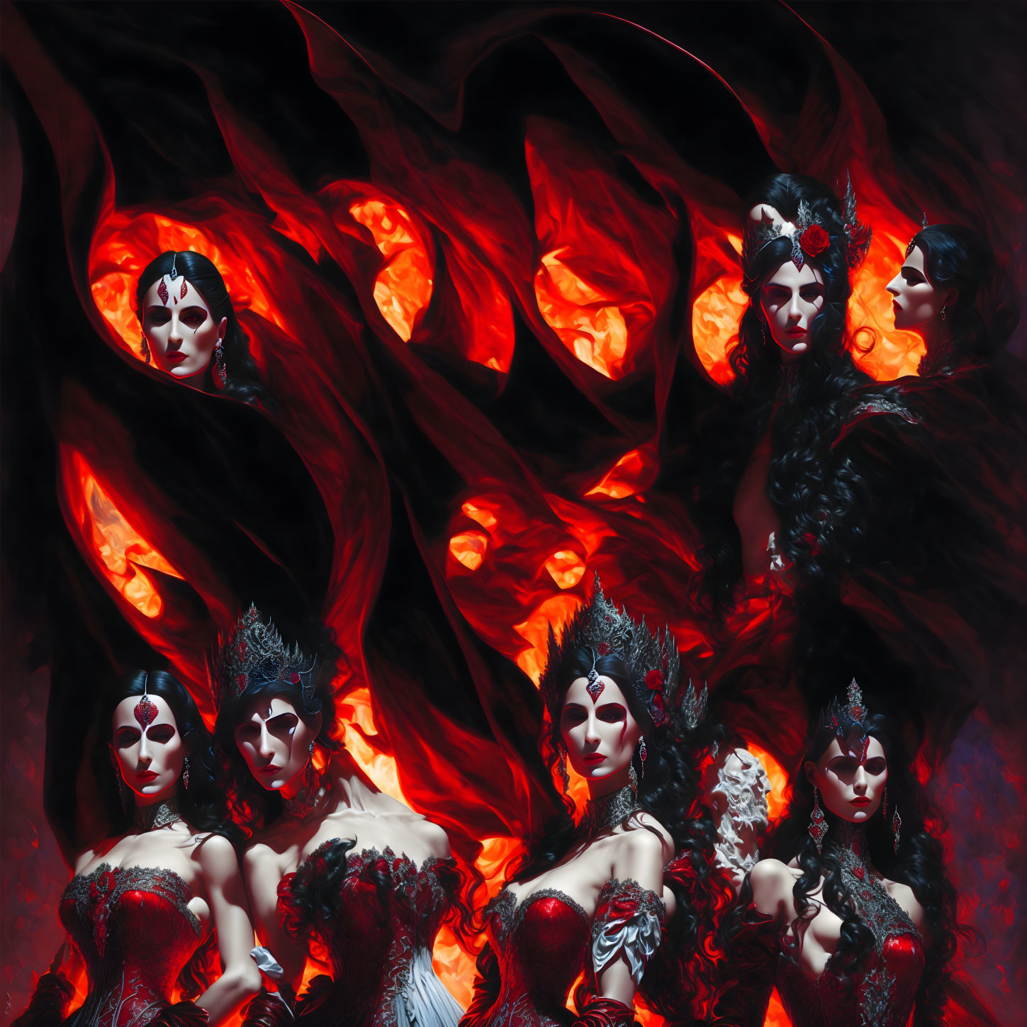 Multiple Women in Red and Black Costumes Among Fiery Abstract Patterns