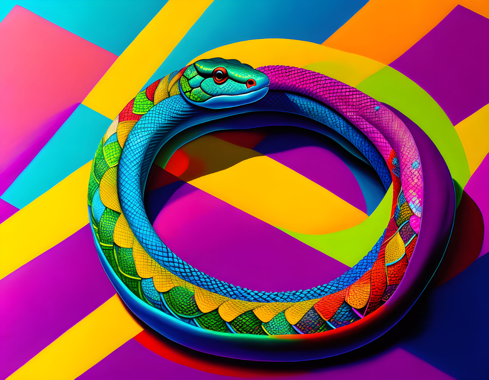 Colorful Coiled Snake Art on Striped Background