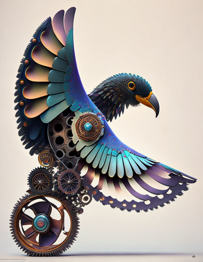 Mechanical bird with intricate gears and colorful feathers in blue, purple, and teal