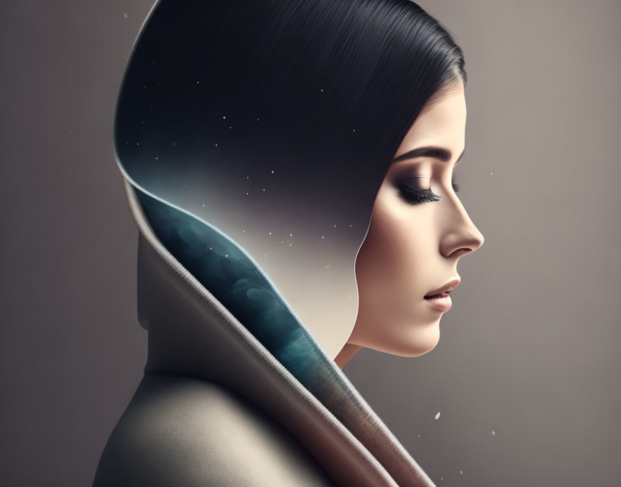 Woman's side profile with cosmic-themed hair and hood blending into starry night sky.