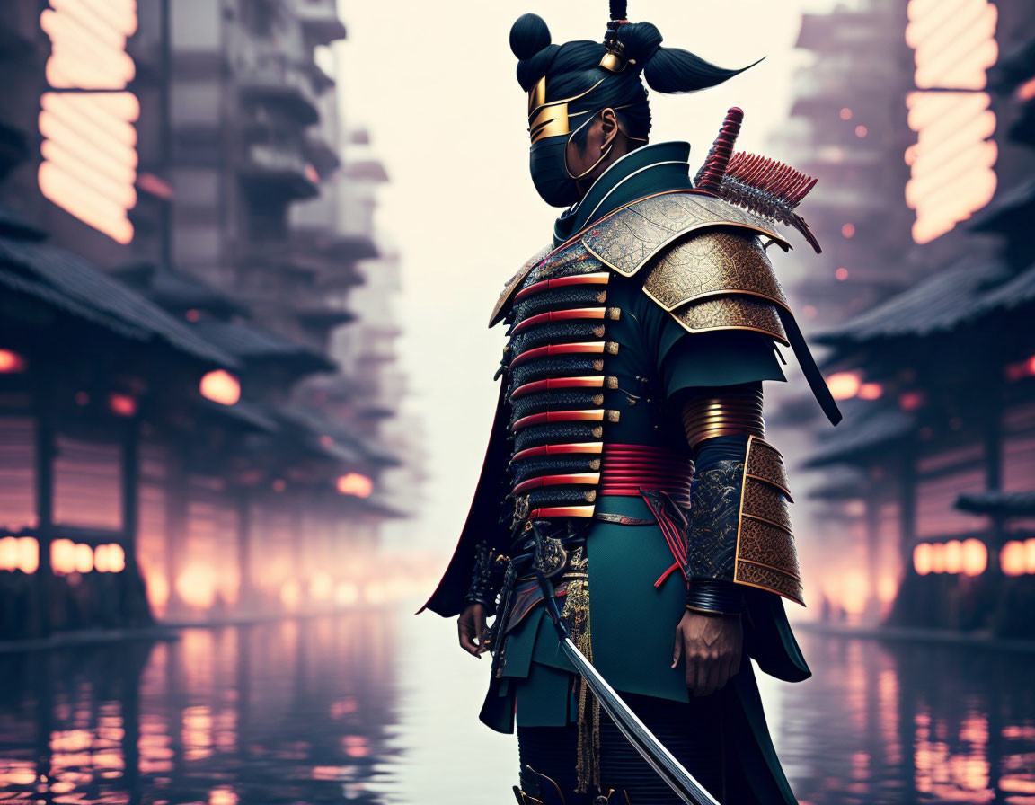 Traditional Samurai Warrior in Futuristic Cityscape with Sword
