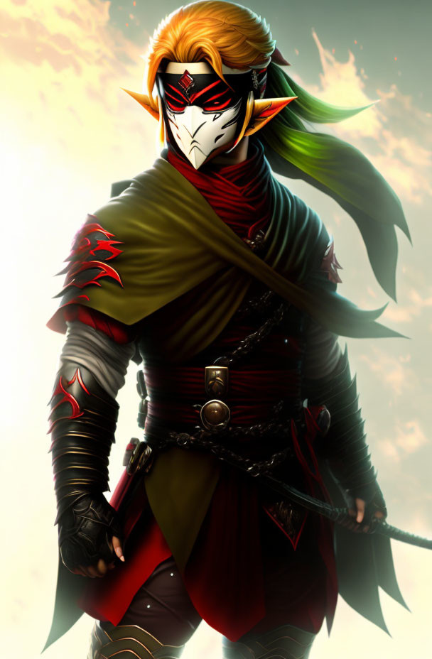 Fantasy character in red and black armor with sword in fiery backdrop