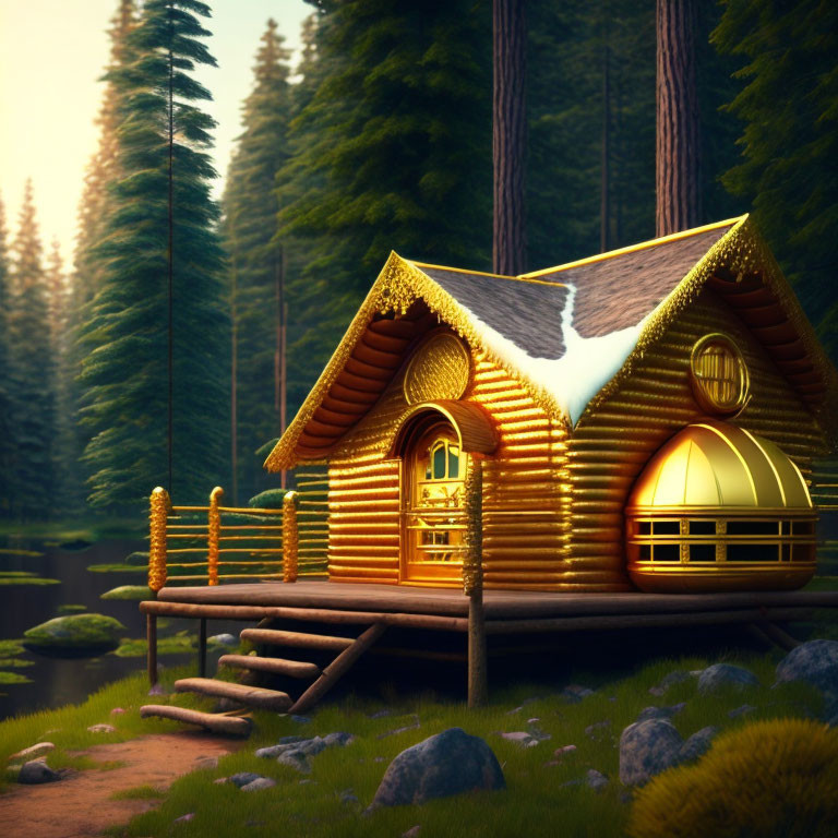 Cozy wooden cabin in serene forest by calm lake at dusk