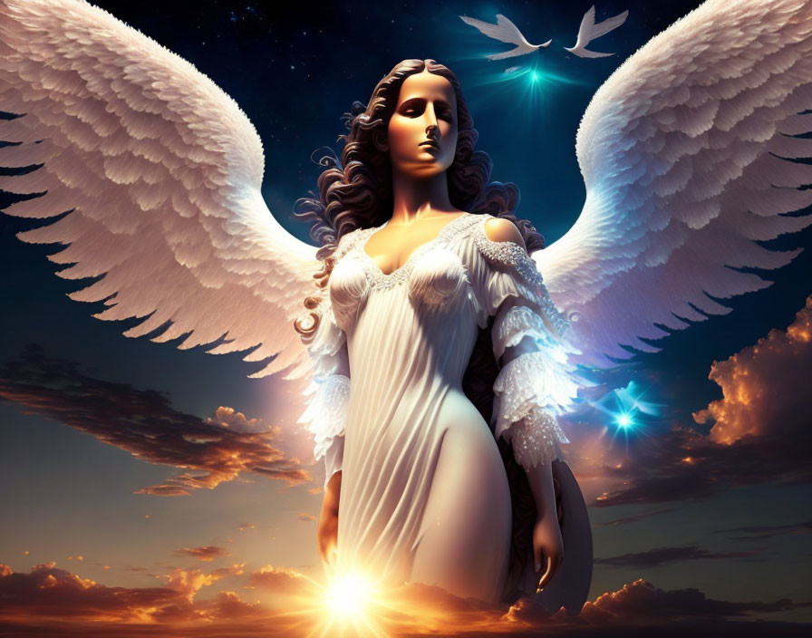 Angel with Large White Wings in Dusk Sky with Glowing Birds