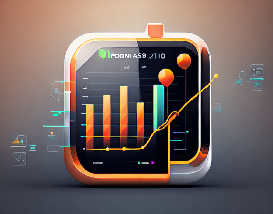 Futuristic 3D Smartwatch Illustration with Colorful Charts and Graphs