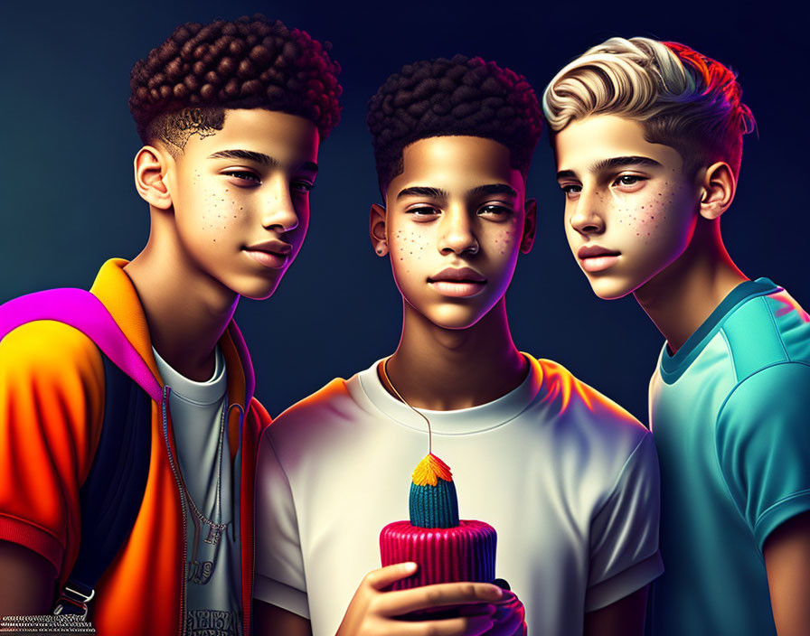 Three Teenage Boys with Unique Hairstyles Standing Together on Dark Background