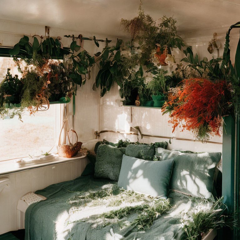 Plant-filled camper interior with green linens and sunlight.