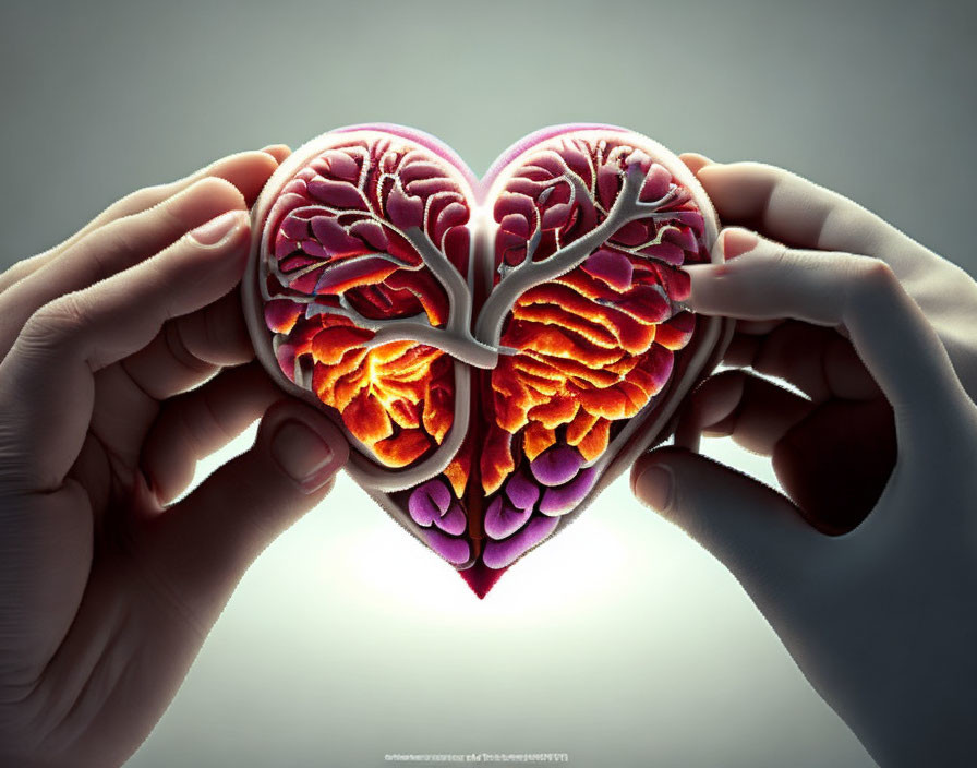 Heart-shaped tree branches and brain texture symbolize unity on grey background