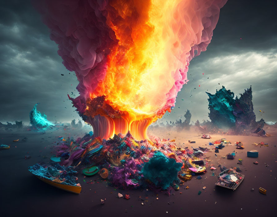 Surreal fiery explosion in ruined landscape under stormy sky