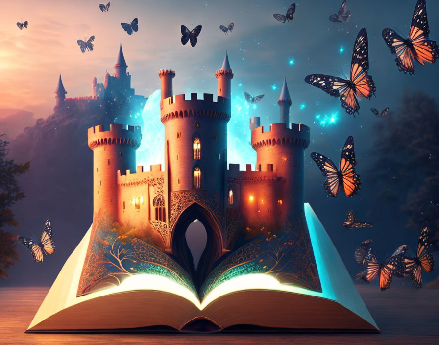 Illustrated open book: magical castle, butterflies, lanterns in dusk sky